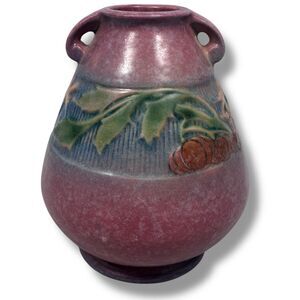 Vintage Roseville Pottery Baneda Vase Pumpkin Vine 601-5 Pink 5" Blue 1930s